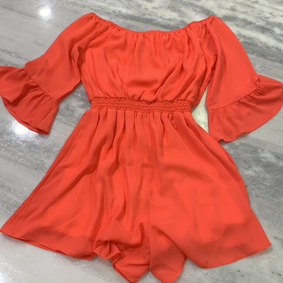 Carole Christian Orange Off Shoulder Romper Shorts - Picture 5 of 6